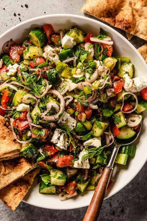 Simple Turkish Shepherd's Salad with Herbs — Zestful Kitchen Shepherd Salad, Dill Ranch Dressing, Salad With Herbs, Turkish Salad, Stuffed Anaheim Peppers, Spicy Salad, Grilled Chicken Thighs, Food Scientist, Persian Cucumber