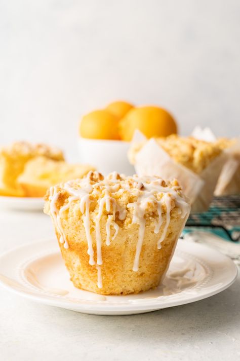 Jumbo Bakery Style Meyer Lemon Crumb Muffins with Meyer Lemon Curd Lemon Crumb Muffins, Jumbo Muffin Recipes, Icing Drizzle, Lemon Muffin Recipes, Meyer Lemon Recipes, Crumb Muffins, Curd Filling, Pineapple And Coconut, Jumbo Muffins