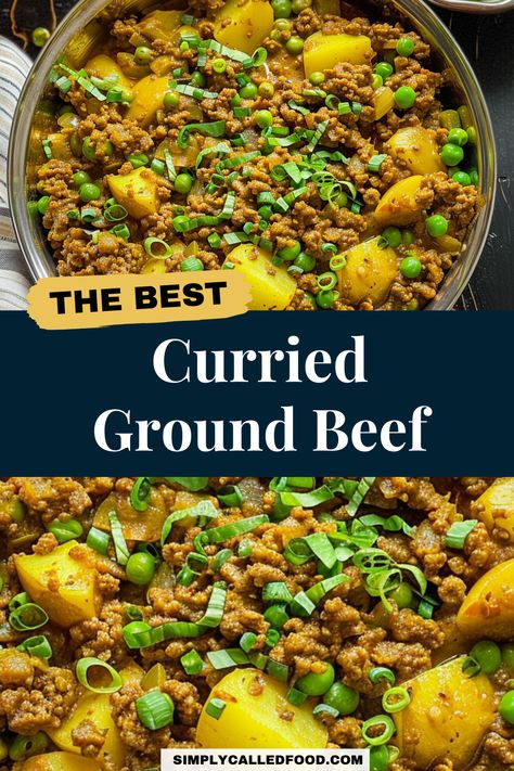 Make dinner exciting with this curried ground beef recipe, where minced beef meets Thai green curry in a simple, fast cooking process. This recipe is not only quick and easy but also healthy, featuring hearty green peas and potatoes. Enjoy an authentic homemade meal that fits perfectly into your evening routine. For the complete recipe, visit simplycalledfood.com for this best curried ground beef recipe and more ground beef recipes for dinner. Healthy Minced Beef Recipes, Curried Ground Beef, Ground Beef Curry Recipe, Minced Beef Curry, Curry Ground Beef, Authentic Thai Green Curry, Mince Dishes, Top Dinner Recipes, Beef Curry Recipe