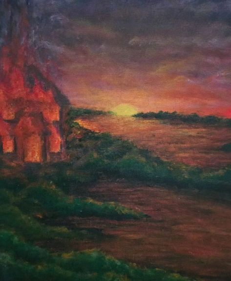 "When you are born into a burning house, you think the whole world is on fire. But it's not." - Richard Kadrey #art #artist #sunset #house #fire #burninghouse #acrylic #acrylicpaint #paint #painting #oilpastel Burning Forest Drawing, Wildfire Painting, Forest Fire Art, Burning Building Painting, Tree On Fire, Burning Bush Painting, Tree On Fire Painting, Forest On Fire Painting, Sunset House