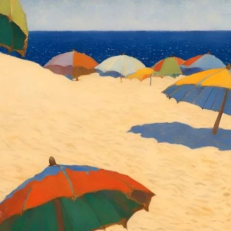 Jef Bourgeau on Instagram: "A Gathering of Beach Umbrellas by Jef Bourgeau.  An 18x18" print on 24x24"coldpress watercolor paper.  website: detroitmona.wixsite.com/artgarage email: jefbourgeau@gmail.com #jefbourgeau" Tropical Beach Illustration, Beach Umbrella Art, 50s Beach, Umbrella Painting, Coastal Artwork, Miniature Ideas, Beach Illustration, Sunset Glow, Umbrella Art