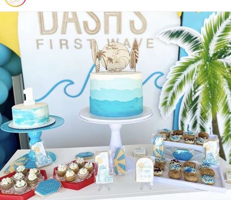 The Big One Wave Birthday, The Big One Cupcakes, Surf Smash Cake, The Big One Surf Birthday Cake, Retro Surf Birthday Party, First Wave Birthday Party, The Big One Birthday Cake, Boho Surf Birthday Party, First Wave Birthday