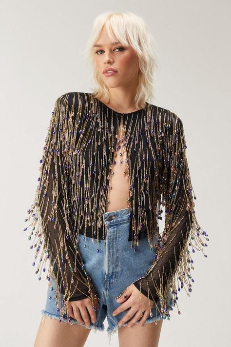 Jackets | Women’s Jackets Online | Nasty Gal Beaded Jacket, Cowboy Party, Jackets Women, Women's Jackets, Open Design, Drop Beads, Beaded Tassels, Jackets Online, Tear Drop