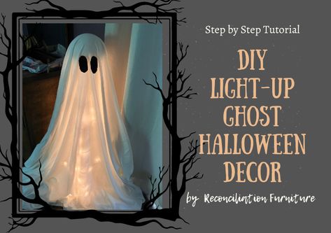 DIY LIGHT UP GHOST HALLOWEEN DECOR with a tomato cage, some lights and a white sheet! SO EASY AND ABSOLUTELY ADORABLE! Tomato Cage Ghost Halloween, Diy Ghosts With Tomato Cage, Halloween Tomato Cage Crafts, Light Up Ghosts Diy, Tomato Cage Decorations, Light Up Ghost Front Porch, Diy Light Up Ghosts, Ghost Made Out Of Tomato Cage, Ghost Made From Tomato Cages