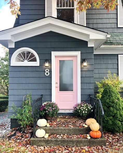 Modern Farmhouse Entryway Ideas, Farmhouse Entryway Ideas, Pink House Exterior, Folding Garage Doors, Pink Places, Modern Farmhouse Entryway, Navy Houses, Pink Front Door, Disney Minimalist