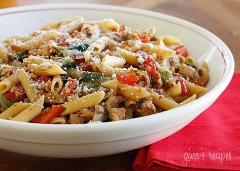 A bowl of Pasta with Italian Chicken Sausage, Peppers and Escarole Chicken Sausage Pasta, Italian Chicken Sausage, Sausage Peppers, Italian Pasta Dishes, Grilled Sausage, Sausage And Peppers, Italian Chicken, Skinny Taste Recipes, Sausage Pasta