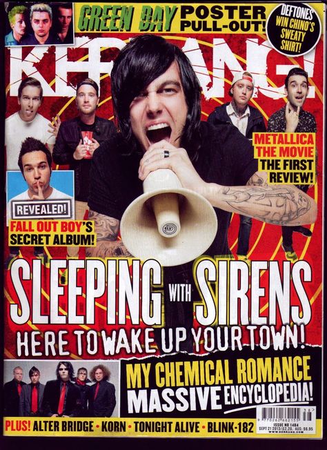 I like how Kerrang! links their central image with the cover lines. The central image is of Kellin Quinn screaming into a megaphone which is then followed by with "Sleeping with Sirens Here to Wake Up Your Town". This is a technique I'd like to use in my magazine. 2000s Posters, 2000s Pop Culture, 2000s Magazines, Magazine Cover Page, Magazine Front Cover, Rock Poster Art, Get Off My Lawn, Kellin Quinn, Teen Magazine