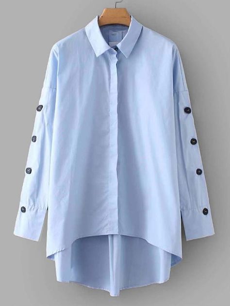 SheinShein Button Detail Dip Hem Shirt Dip Hem Shirts, Dip Hem Blouse, Trench Dress, Sleeve Placket, Long Kurti Designs, Trendy Fashion Tops, Plain Shirt, Fashion Attire, Plain Shirts