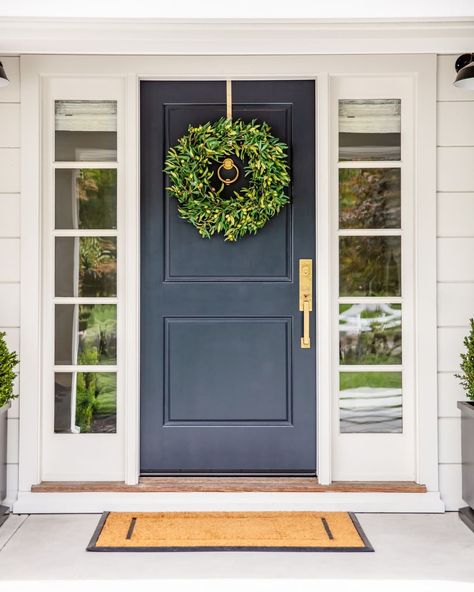 Dark Blue Front Door, Front Door With Wreath, Holiday Wreath Ideas, Transitional Home Exterior, Shiplap Trim, Glass Door Refrigerator, Blue Laundry Rooms, San Francisco Interiors, Blue Front Door