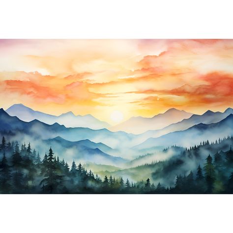 Buy Mount Le Conte Sunrise Painting Smoky Mountains National Park Tennessee Watercolor Art Print Panoramic Landscape Wall Art Pine Forest Print Online in India - Etsy Smoky Mountain Painting, Painting Landscape Watercolor, Painting Ideas Landscape, Landscape Watercolor Paintings, Mountains Tennessee, Panoramic Landscape, Mountains Painting, Sunrise Landscape, Sunrise Painting