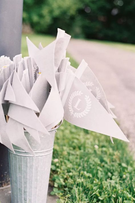 Flags and pennants are a great way to personalize your send-off and you can customize color and design! Photo: CARMEN SANTORELLI Waterfront Garden, Reception Exit, Sophisticated Garden, Wedding Reception Timeline, Wedding Flags, Second Line Parade, Bronx New York, Wedding Send Off, Sky Lanterns