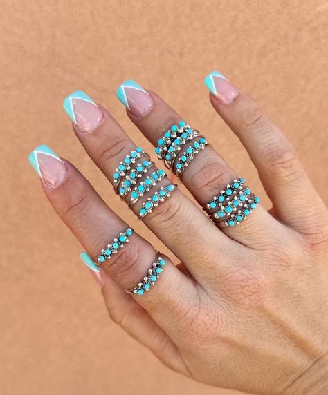 Teal French Tips, Rodeo Nails, Cowboy Nails, Western Nails, Beachy Nails, Teal Nails, Turquoise Nails, Gel Powder, Western Outfits Women