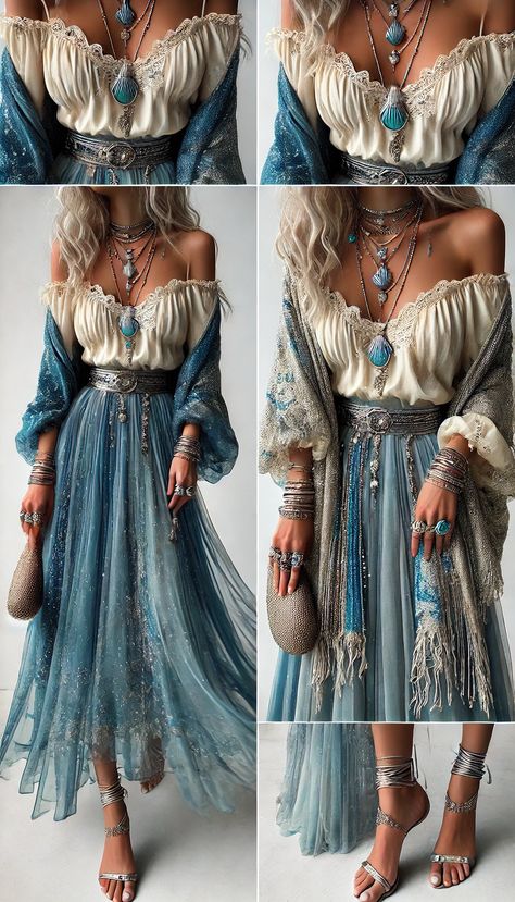 A Seawitchery-inspired outfit featuring a flowing, deep blue maxi skirt with a sheer overlay and shimmer details, paired with a fitted, off-the-shoulder cream blouse with lace trim. Accessories include layered silver necklaces with seashell and pearl charms, multiple silver rings with turquoise stones, and a metallic belt with beaded accents. A lightweight, sheer shawl with ocean-inspired patterns and metallic threads is draped over the shoulders. The look is completed with silver strappy sandals and a woven clutch bag. The overall style is ethereal and ocean-inspired, evoking a mystical aesthetic.  Here’s another Seawitchery-inspired outfit with mystical, oceanic vibes! Under The Sea Festival Outfit, Water Tribe Aesthetic Outfit, Winter Mermaid Outfit, Siren Outfit Ideas, Blue Pirate Outfit, Sea Nymph Aesthetic Outfit, Mermaid Ren Faire, Mermaid Themed Outfit, Siren Inspired Outfits