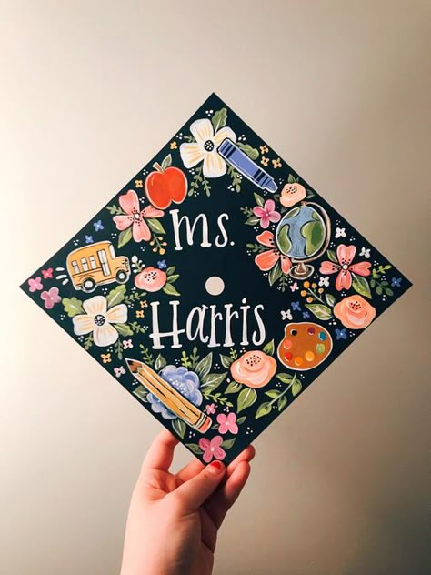 Graduation Cap Decoration Teacher, Floral Graduation Cap, Education Graduation Cap, Teacher Graduation Cap, Disney Graduation Cap, Funny Graduation Caps, Creative Graduation Caps, Disney Graduation, Custom Graduation Caps