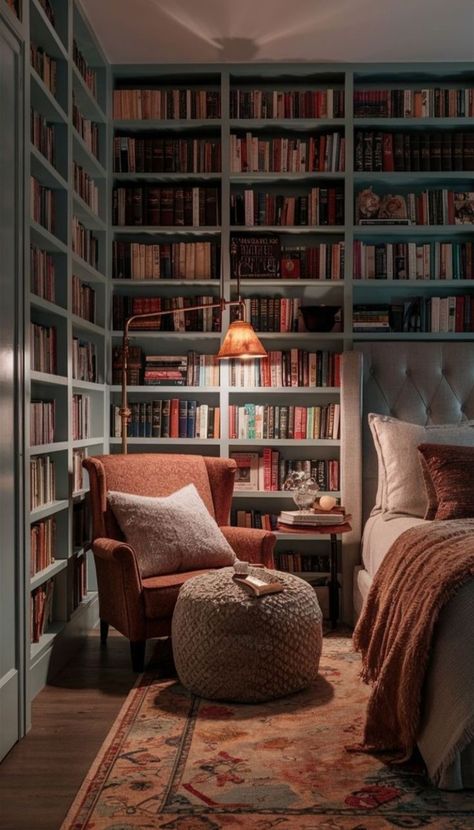 Library Room Ideas, Cozy Reading Chair, Top Decor Ideas, Small Bedroom Decor Ideas, Home Library Rooms, Beautiful Library, Library Room, Fall Living Room, Chair Ideas