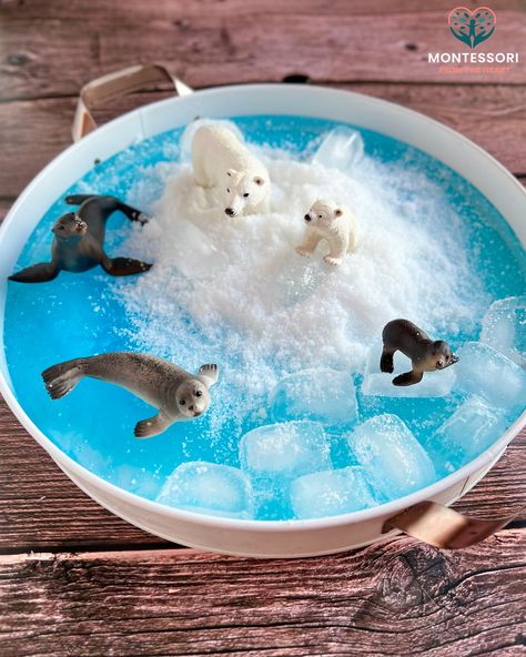 Animals Frozen Ice Sensory Bin Play Activity | Easy Tutorial Ice Sensory Bin, Arctic Habitat, Winter Sensory Bin, Sensory Bin Play, Frozen Ice, Blue Food Coloring, Christmas Snow Globes, Animal Activities, Kids Sensory