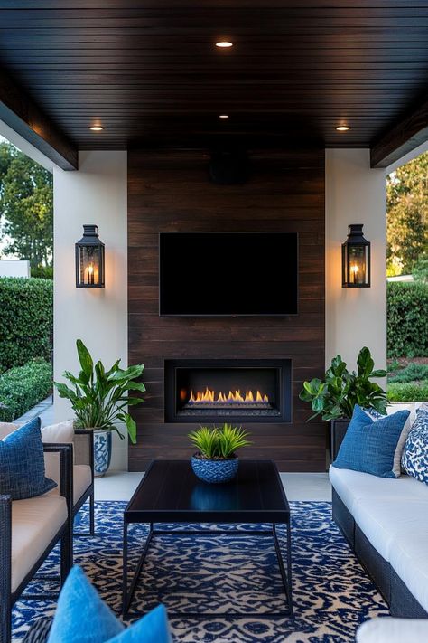 Tv Outside Patio, Comfy Outdoor Seating, Outdoor Tv Ideas, Outdoor Tv Area, Outdoor Tv Setup, Tv Outside, Outdoor Tv Enclosure, Outdoor Tv Cabinet, Fireplace Tv Mount