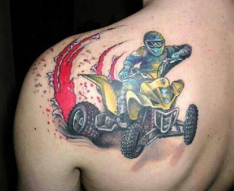 Quad tat Fourwheeler Tattoo, Four Wheeler Tattoo, Quad Tattoo Women, Quad Tattoo, Indian Skull Tattoos, Tato Tradisional, Omerta Tattoo, Tattoo Inspiration Men, Back Of Shoulder Tattoo