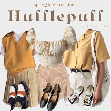 Hufflepuff Clothes Aesthetic, Hufflepuff Aesthetic Outfits, Hufflepuff Inspired Outfits, Hufflepuff Lookbook, Hufflepuff Core, Aufits Aesthetic, Inspire Outfits, Hufflepuff Outfit, Hogwarts Outfits