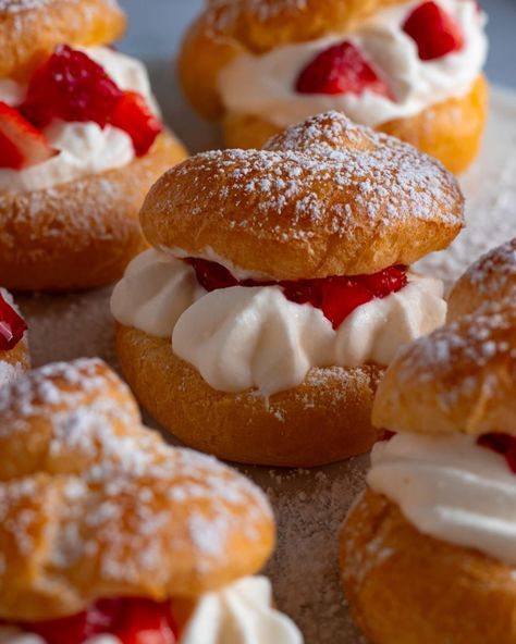 Strawberry Cream Puffs, or profiteroles, are a delightful tea-time treat. The simple choux pastry, filled with whipped cream and strawberries, makes a dessert perfect for any occasion. Love at first bite! #daysofjay #strawberries #mothersday #bakersofinstagram Strawberry Puffs, Strawberry Cream Puffs, Whipped Cream And Strawberries, Cream And Strawberries, Love At First Bite, Choux Pastry, Strawberry Cream, Cream Puffs, First Bite