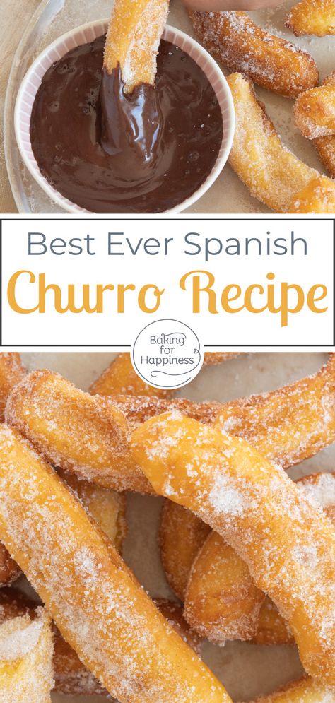 Fancy original delicious churros? With this recipe you can enjoy the Spanish choux pastry at home. What are you waiting for? Bake it! Churros Recipe, Vegetarian Bake, Choux Pastry, Ingredient Substitutions, Baking Cocoa, Cooking Spoon, Chocolate Sauce, Cream Puffs, Chocolate Cinnamon