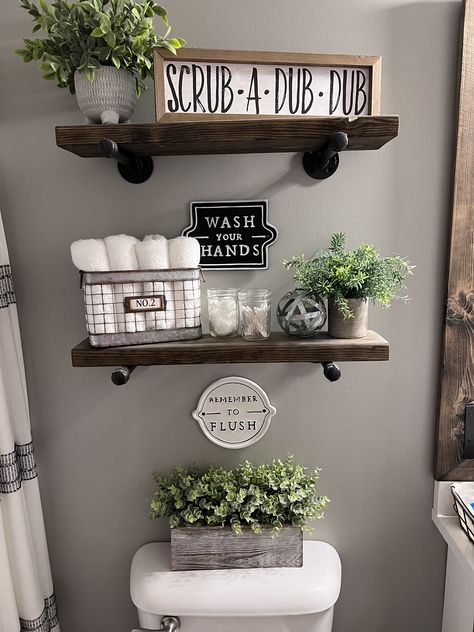 Restroom Wall Decor Ideas, Restroom Decor Ideas, Restroom Wall Decor, Restroom Remodel, Bathroom Shelving, Gray Walls, Bathroom Remodels, Restroom Decor, Gray Wall