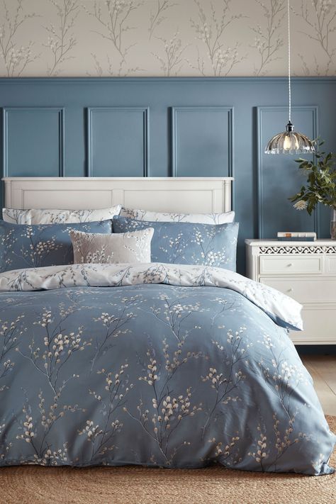 Buy Laura Ashley Dark Seaspray Blue Pussy Willow 100% Cotton Duvet Cover and Pillowcase Set from the Next UK online shop Blue Floral Comforter, Blue Floral Bedroom, Laura Ashley Bedroom, Bedroom Blues, Floral Bedroom Decor, Ashley Bedroom, Laura Ashley Bedding, Blue Bedroom Walls, Bedroom Comforter Sets