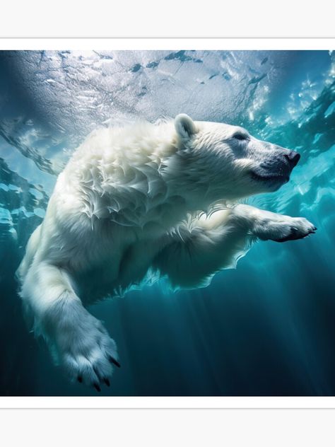 A beautiful image of a Polar Bear swimming underwater. A highly detailed AI illustration, with sunlight streaming in from above. #1 in a series of 4 Polar Bear Underwater, Bear Underwater, Polar Bear Swimming, Bear Swimming, Polar Bear Images, Tattoo 2023, Swimming Underwater, Animal Reference, Power Animal