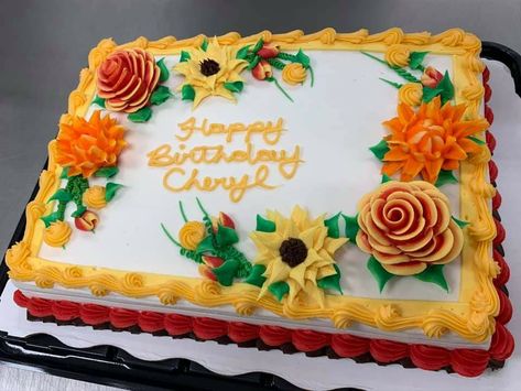 Fall Cake Designs Sheet Cake, Fall Sheet Cake Decorating Ideas, Fall Themed Sheet Cakes, Fall Sheet Cake Ideas, Fall Birthday Sheet Cake, Fall Birthday Sheet Cake Ideas, Fall Sheet Cake Design, Sunflower Sheet Cake, Fall Sheet Cakes Decorated