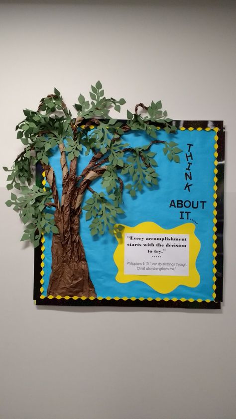 I will keep the tree through out the year, change leaves for seasons, & put new quote & verse for each month. I needed something simple but nice. Lorri Morton Tree Poster Project, Van Mahotsav Board Decoration, Tree Themed Bulletin Boards, Paper Tree Bulletin Board, How To Make A Bulletin Board Tree, Tree For Bulletin Board, Giving Tree Bulletin Board Ideas, 3d Tree Bulletin Board, Tree On Bulletin Board