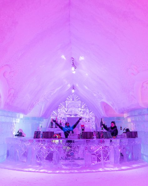 You can actually spend the night in an Ice Hotel in Quebec, Canada!! A unique, once-in-a-lifetime experience in a magical winter wonderland!! #icehotel #quebec #canada #ice #hotel #winter #vacation #holiday Ice Hotel Quebec, Quebec Winter Carnival, Canada Project, Madonna Inn, Ticket Booth, Ice Hotel, Ice Bars, Ice Sculpture, Indoor Waterpark