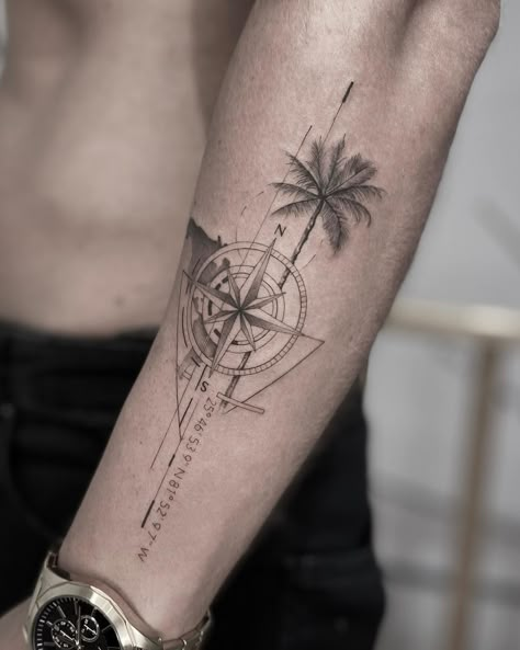 Compass With Coordinates Tattoo, Palm Tree Compass Tattoo, Coordinates Tattoo Men, Mens Compass Tattoo, Ibiza Tattoo, True North Tattoo, A Compass Tattoo, Martin Tattoo, Compas Tattoo