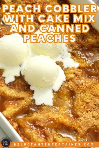 Peach Cobbler with cake mix and canned peaches is super easy, totally delicious, and just as good as anything scratch-made! Cake Mix Peach Muffins, Jiffy Cake Mix Peach Cobbler, Best Peach Cobbler Recipe Easy, Cake Mix Peach Cobbler, Good Peach Cobbler Recipe, Peach Cobbler Cake, Cake Mix Cobbler, Best Peach Cobbler, Cobbler Recipes Easy