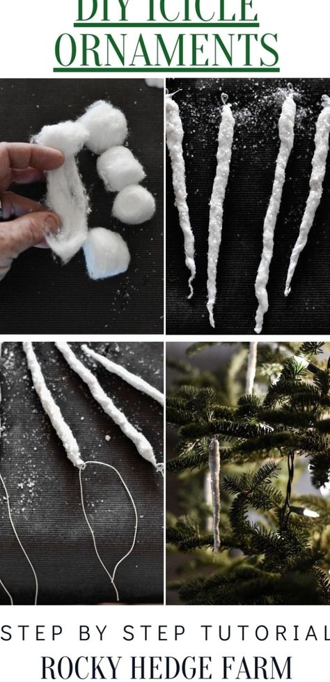 Learn how to make these old fashioned DIY icicle ornaments with this step by step tutorial for Christmas. This is a great way to make homemade vintage, primitive style spun cotton icicles with loops for hanging as ornaments. #christmastime #xmas #merrychristmas Diy Christmas Icicle Ornaments, How To Make Icicles Diy, Diy Snowflake Christmas Ornaments, Diy Christmas Icicles, Diy Simple Ornaments, Diy Icecicles Decorations, Diy Tiny Christmas Ornaments, Cotton Christmas Decor, Christmas Tree Homemade Ornaments