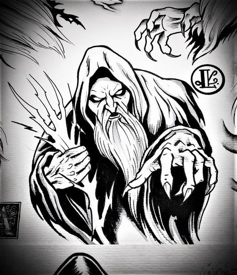 Wizard Tattoo Design, Mage Tattoo, Wizard Drawings, Wizard Tattoo, Norse Mythology Tattoo, Vintage Tattoo Art, Medieval Tattoo, Graffiti Tattoo, Fantasy Tattoos