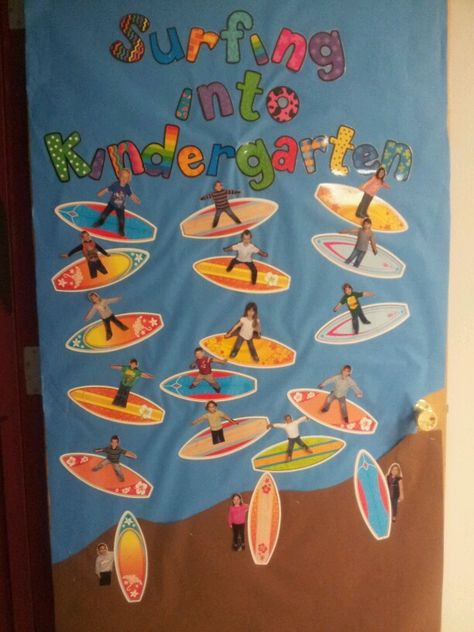 Surfing into Kindergarten! I love my adorable door decoration for the end of the year and it goes perfect with my beach themed classroom! Beach Bulletin Boards, Classroom Door Decorations, Preschool Door, Beach Theme Classroom, Ocean Classroom, Summer Bulletin Boards, Ocean Theme Classroom, Summer Preschool, Preschool Graduation