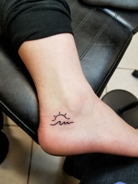 Little sun and wave tattoo Myrtle Beach Tattoo Ideas, Sun And Waves Tattoo, Sun And Wave Tattoo, Beach Inspired Tattoos, Beach Tattoo Ideas, Simple Wave Tattoo, Beach Tattoos, Starfish Tattoo, Sunshine Tattoo