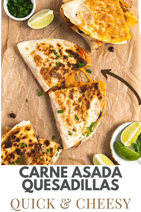 This Carne Asada Quesadilla is the best recipe using your leftover meat. In a crispy tortilla, the filling is cheesy & packed with flavor. Carne Asada Recipes, Cheese Quesadilla, Tomato Pesto, Quesadilla Recipes, Chicken Quesadillas, Crispy Onions, Tex Mex Recipes, Tasty Meals, Recipe Community