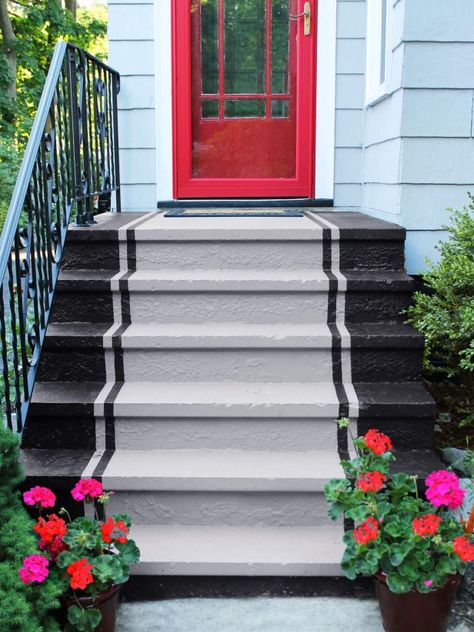 HGTV Magazine has the tips and tricks you need to know to properly paint concrete steps. Concrete Front Steps, Painted Porch Floors, Cement Steps, Paint Concrete Patio, Painted Concrete Steps, Front Porch Steps, Painted Staircases, Painting Cement, Porch Paint