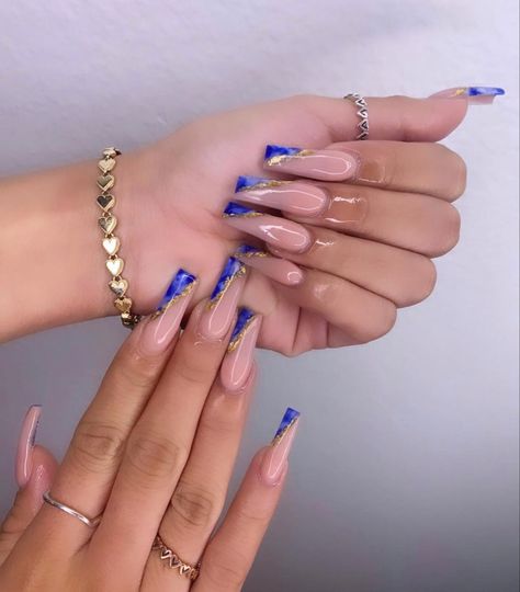 Summer Prom Nails, Blue N Gold Nails, Sigma Gamma Rho Nails, Navy Blue And Gold Nails Acrylic, Blue Nails With Foil, Royal Blue Nails With Gold, Royal Blue And Gold Acrylic Nails, Blue And Gold Acrylic Nails, Royal Blue And Gold Nails