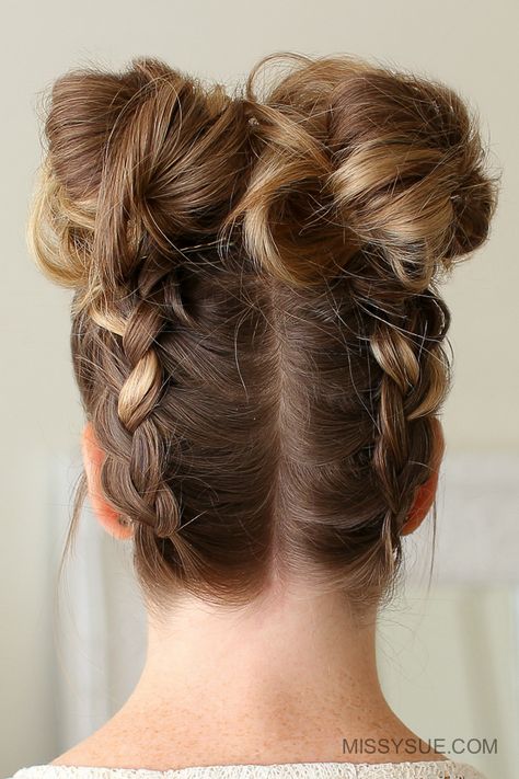 Double Dutch Braid High Buns | MISSY SUE High Buns, French Braid Ponytail, High Bun Hairstyles, Double Dutch Braid, Gymnastics Hair, Double Dutch, Braided Bun Hairstyles, Hair Things, Two Braids