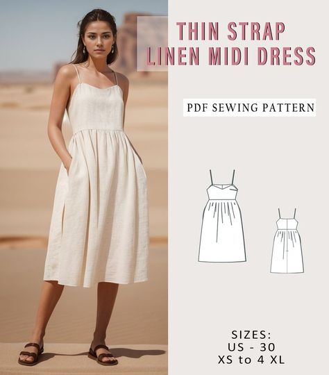 Patterns For Dresses Sewing, Tank Top Dress Sewing Pattern, Linen Dress Sewing Pattern, Spaghetti Strap Dress Pattern, Spring Dress Pattern, Strap Dress Pattern, Sundress Sewing Patterns, Midi Dress Pattern, Linen Dress Pattern