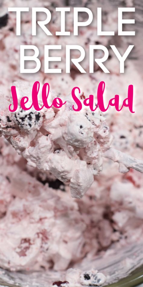 The best triple berry jello salad - it's fluffy, creamy, and absolutely delicious! via @simplysidedishes89 Strawberry Pretzel Jello Salad, Jello Fruit Salads, Jello With Fruit, Pudding Frosting, Jello Flavors, Slow Cooker Baked Beans, Fluff Salad, Jello Dessert Recipes, Blueberry Salad