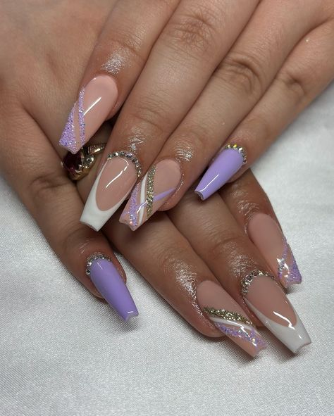 Purple and Gold Set 💜⚜️ • • • Apres Natural Coffin Medium • IGel (I’m Blushing) • • #nails #nailsnailsnails #nailsofinstagram #nailsart #nailsbyavryl #gelx #gelxnails #gelxnailtech #explorepage #coffinnails #glitternails Gold And Lilac Nails, Lilac And Gold Nails, Nails Purple And Gold, Blushing Nails, Trendy Nails French Tip, Purple Gold Nails, French Tip Gold, Grad Nails, Graduation Look