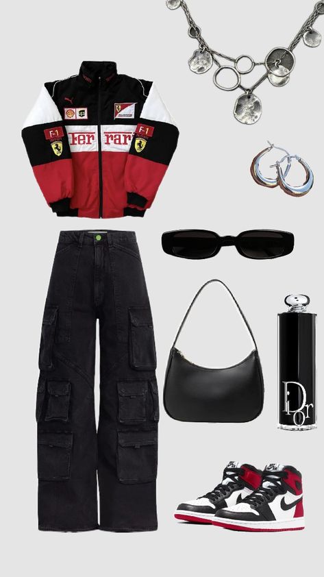 #f1 ootd#ferrari girlll Las Vegas Grand Prix F1 Outfit, F1 Shirt Outfit, F1 Fashion Women, Ferrari Outfit Aesthetic, Racer Outfit Women, Ferrari Outfit Women, F1 Race Outfit For Women, Formula 1 Outfit Women, F1 Outfit For Women