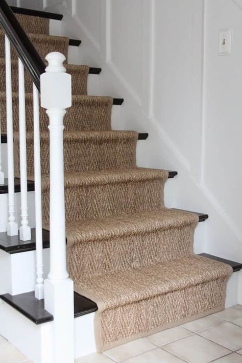 How Our Natural Fiber Stair Runner Has Held Up Burlap Stair Runner, Partially Carpeted Stairs, Stairway Makeover, Painted Staircases, Basement Reno, Natural Carpet, Happy New Week, Shine Your Light, Stair Runner Carpet