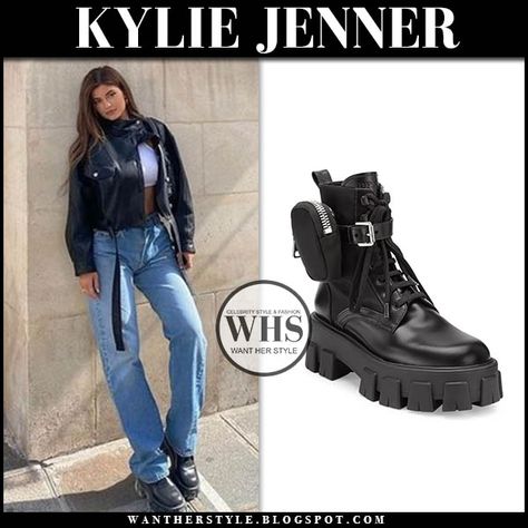 Kylie Jenner in black biker jacket, jeans and black prada lug-sole combat boots Kylie Jenner Combat Boots, Black Prada Boots Outfit, Monolith Boots Outfit, Prada Combat Boots Outfit, Prada Monolith Boots Outfit, Kylie Jenner In Black, Prada Boots Outfit, Prada Monolith Boots, Prada Combat Boots