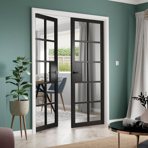 Black Framed Doors, Black Interior Doors With Glass Panels, Black Glazed Internal Doors, Black Glass Internal Doors, Internal Doors With Glass Panels, Black Glass Door Interiors, Interior Glass Doors Ideas, Office Snug, Black Glass Doors