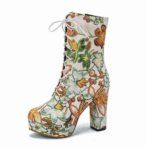 Bohemia Design, Lace Up Platform High Heel, Mid Leg Boots https://pleasuresandsins.com/products/bohemia-design-lace-up-platform-high-heel-mid-leg-boots Pleasures and Sins #Bestseller Painted Boots, Boots Party, Thick High Heels, Zipper Heels, Fashion Closet, Heels High, Floral Party, Block Heel Shoes, Pu Heels