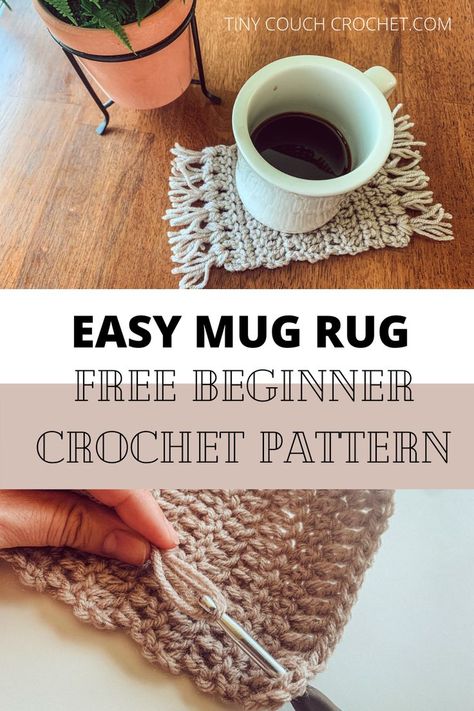 The top of the image shows a mug of coffee on a crochet mug rug and a potted plant on a wood table. The middle of the pin says "easy mug rug, free beginner crochet pattern" in black letters. The bottom of the pin is an image of the mug rug being made. Crochet Mug Rug, Easy Crochet Bookmarks, Mug Rug Pattern, Mug Rug Tutorial, Crochet Mug, Crochet Coasters Free Pattern, Crochet Bookmark Pattern, Mug Rug Patterns, Rug Patterns